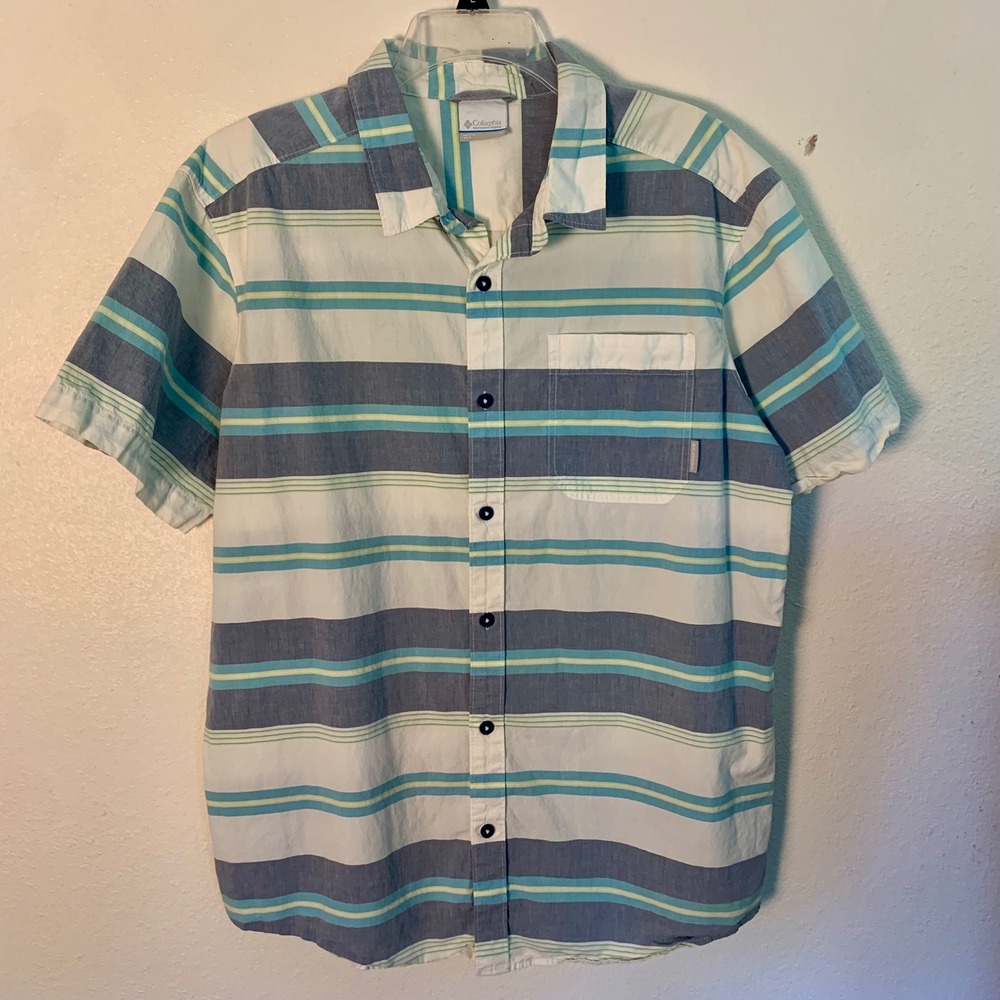 Columbia AM9131 Mens Large Striped Short‎ Sleeve Button Up Shirt Cotton Casual